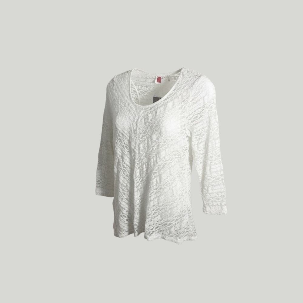 Litka Top Women Medium White Anthropologie Lace 3/4 Sleeve Scoop Neck Sheer Knit